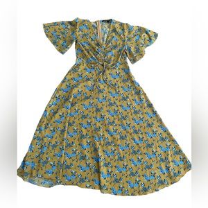 US SIZE 6 YELLOW AND BLUE FLORAL PRINT, SHORT SLEEVE KNEE-LENGTH DRESS